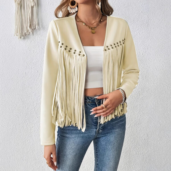 Women's Elegant Solid Color Tassel Trimmed Front Open Jacket Jacket - Image 3