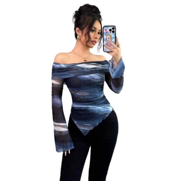 Knitted Mesh Printed Off-shoulder Collar Long Sleeved Fitted T-shirt - Image 3