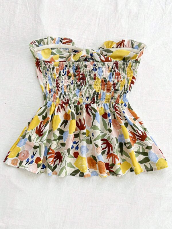 Strapless Cinched Waist Ruffle Hem Floral Printed Vacation Top - Image 3