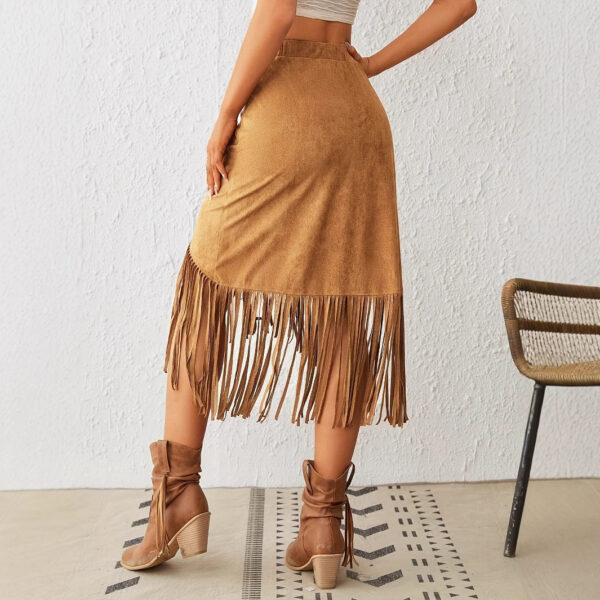 Women's Western Style Imitation Suede Fringe High Waisted A-line Skirt - Image 3