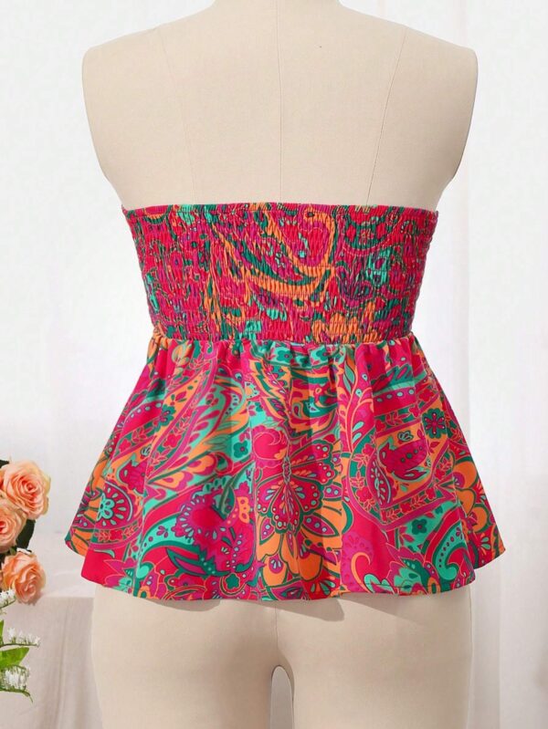 Strapless Cinched Waist Ruffle Hem Floral Printed Vacation Top - Image 2