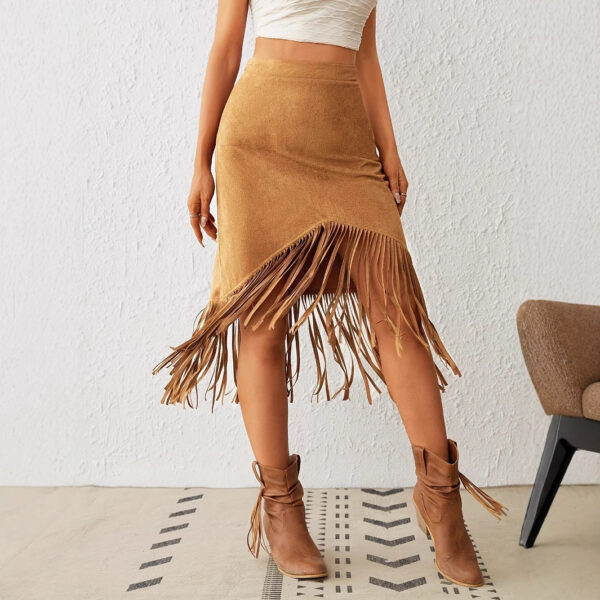 Women's Western Style Imitation Suede Fringe High Waisted A-line Skirt - Image 2
