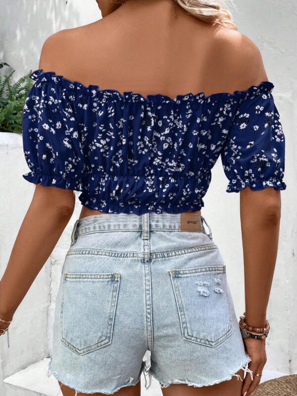 Women Vacation Style Casual Off-Shoulder Elastic Cropped Top With Floral Print - Image 4