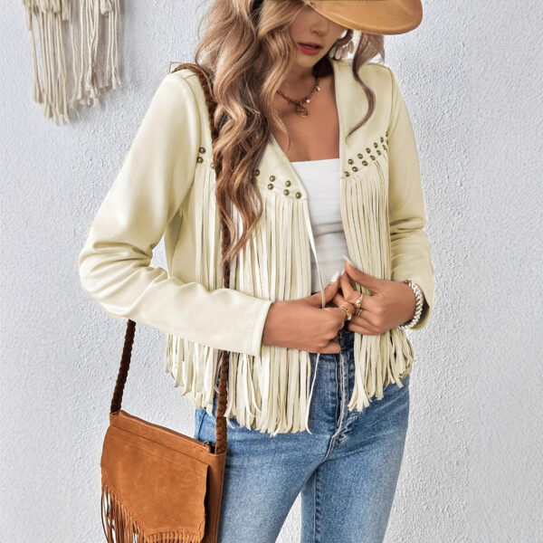 Women's Elegant Solid Color Tassel Trimmed Front Open Jacket Jacket - Image 2
