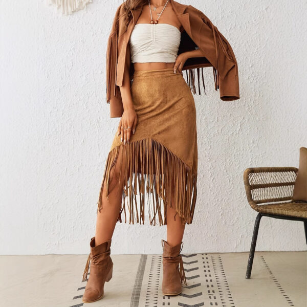 Women's Western Style Imitation Suede Fringe High Waisted A-line Skirt - Image 4