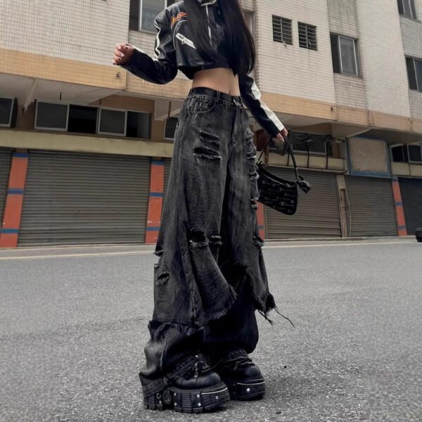 High Street Distressed Cargo Jeans Wide Leg Trousers - Image 3