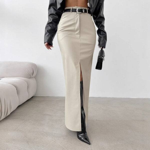 Leather Design Split Solid Color High Waist Simple Skirt - Image 5