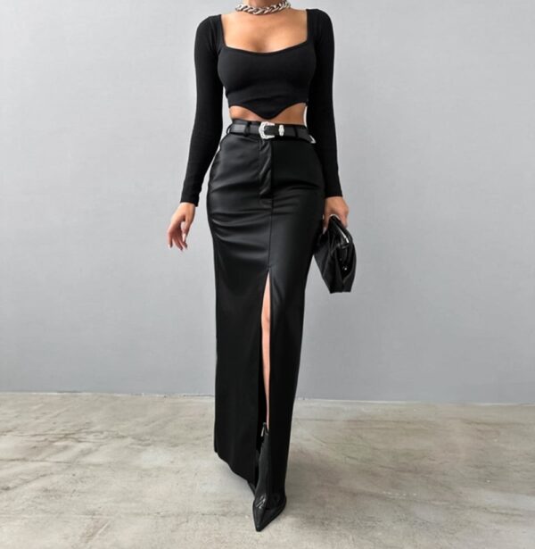 Leather Design Split Solid Color High Waist Simple Skirt - Image 2
