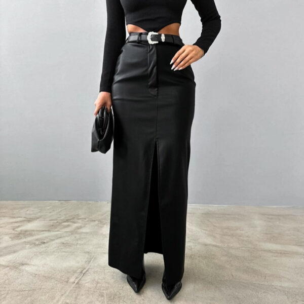 Leather Design Split Solid Color High Waist Simple Skirt - Image 6