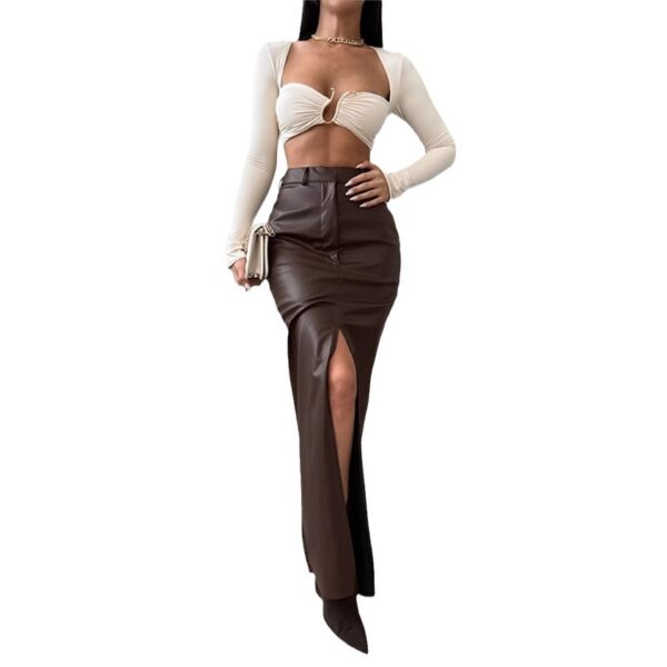 Leather Design Split Solid Color High Waist Simple Skirt - Image 3