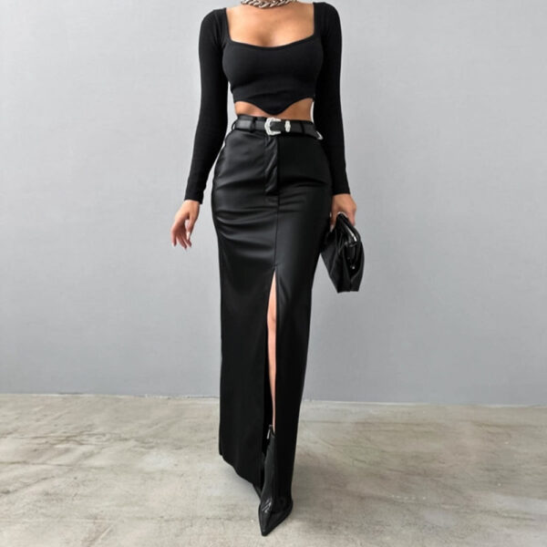Leather Design Split Solid Color High Waist Simple Skirt - Image 4