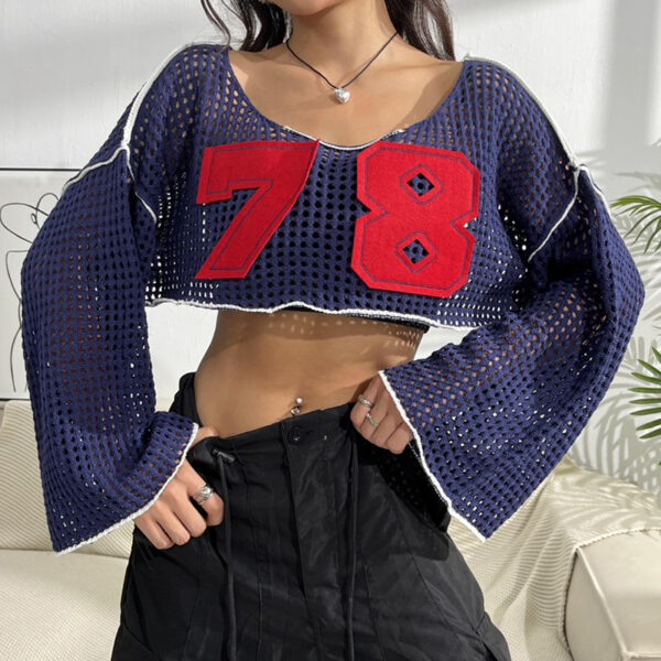 Women's Flared Sleeve Cropped Sexy Short Casual Hollow Sweater - Image 2