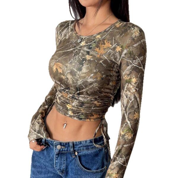 Mesh Branch Printing Side Drawstring Fitted Short T-shirt - Image 6