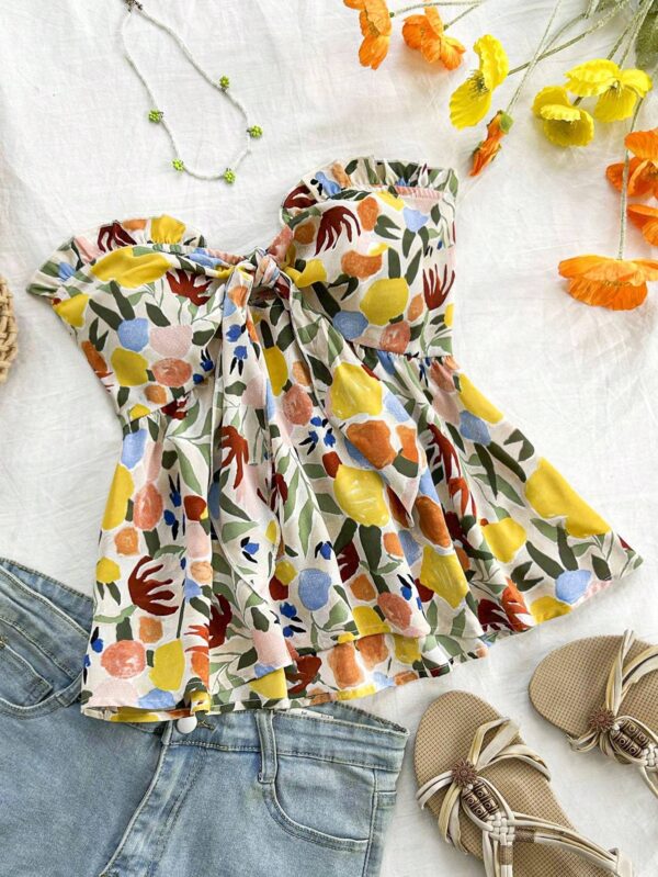 Strapless Cinched Waist Ruffle Hem Floral Printed Vacation Top - Image 4
