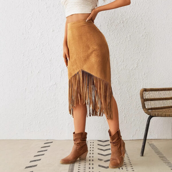 Women's Western Style Imitation Suede Fringe High Waisted A-line Skirt - Image 5