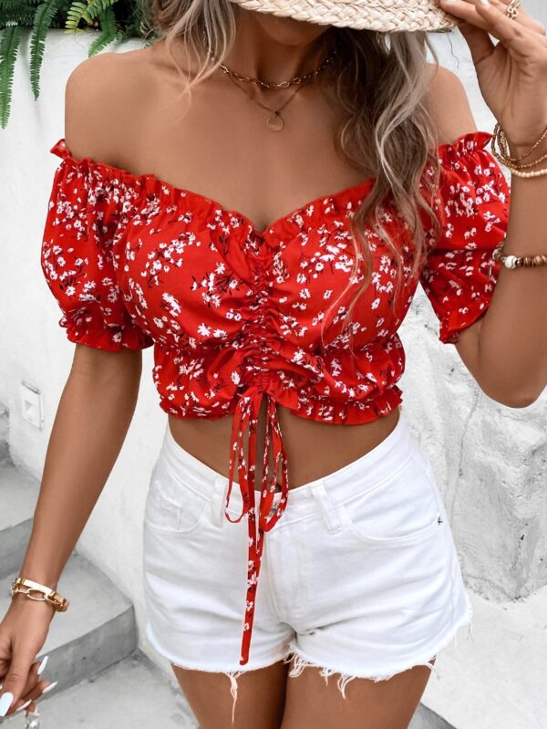 Women Vacation Style Casual Off-Shoulder Elastic Cropped Top With Floral Print - Image 3