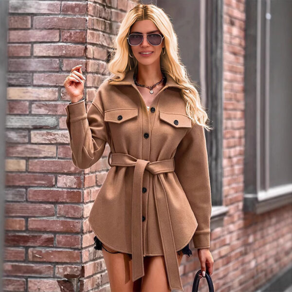 Fashion Pocket Lace Up Short Coat Women's Trench Coat - Image 2