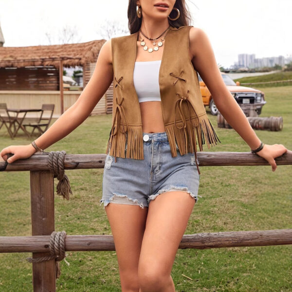 Women's Casual Vacation Western Style Suede Fringe Jacket - Image 3